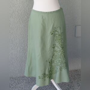 JM Collection Linen Sage Green A-Line Skirt with Floral Embroidery